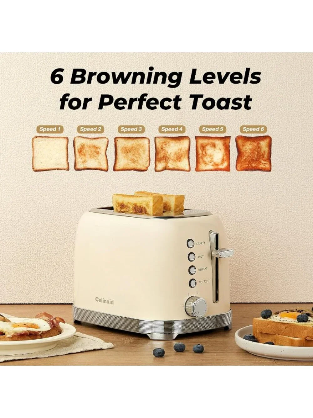 2 Slice Retro Cream Stainless Steel 1.5” Extra Wide Slots with Bagel Toaster